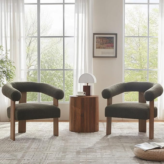 VKNOW Accent Chair Living Room Chairs Set of 2 Modern Upholstered Arm Chair with Solid Wood Legs Comfy Barrel Accent Chairs for Living Room Bedroom Green