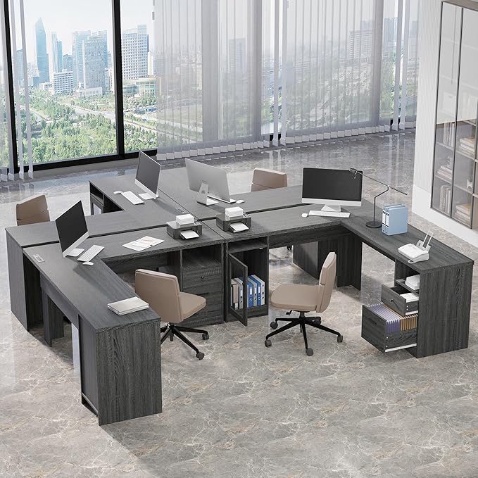 MU L Shaped Desk with File Cabinet Corner Computer Desk with Storage Drawers Large Home Office Table with Power Outlets 60 Inch (Grey)