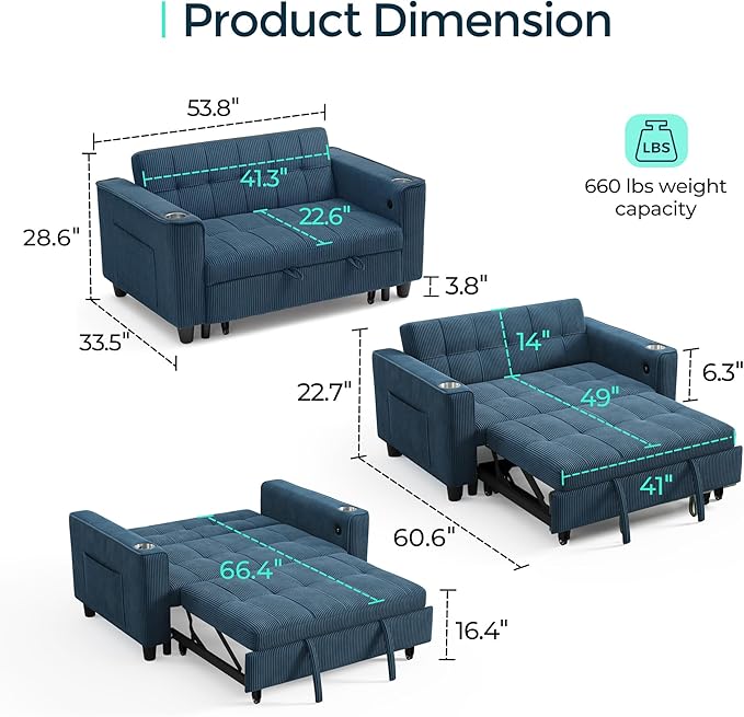 LINSY Sleeper Sofa Bed 54 Pull Out Couch with Charging Station &amp Cup Holder Small 3 in 1 Convertible Loveseat Sleeper Couch for Apartment Dorm Room Bedroom and Small Space Corduroy Blue