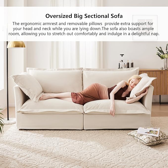 Aoowow Oversized Modular Sectional Sofa83.4”Corduroy 2-Seat Sofa Couch with 2 Movable Ottomans Upholstered Deep Seat Couches with Big Toss Pillows for Living Room Apartment OfficeCream-Chenille