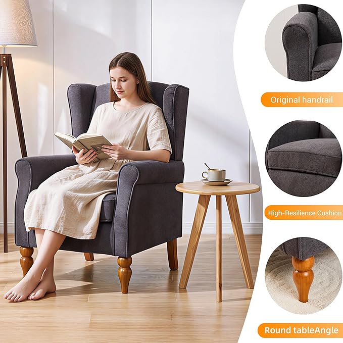 Modern Wingback Living Room Chair Upholstered Accent Armchair Single Sofa Chair with Lounge Seat and Wood Legs for Office/Bedroom/Reading Spaces Dark Grey
