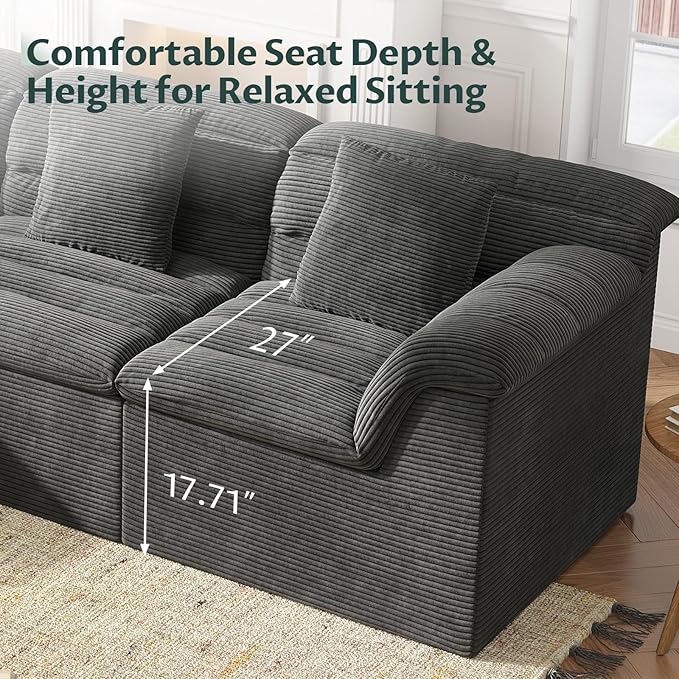 112 Modular Cloud Sectional Couch with Ottoman Modern Upholstered Compressed Sofa with Deep Seat Comfy L-Shape Corduroy Couches for Living Room No Assembly Required Dark Gray