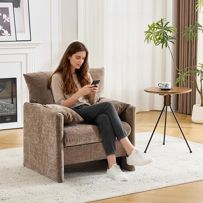 Chenille Oversized Armchair Pillows-top Armrests Accent Chair for Bedroom Living Room Upholstered Chair Sofa Couch Comfy Modern Armchair Single Sofa Chair (Brown 1 Pack)