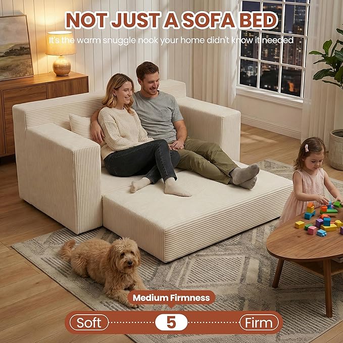 Convertible Sofa Bed 5 In 1 Small Boneless Couch Pull Out Loveseat Sleeper SofaCorduroy Futon Couch Folding Mattress with 4 Pillows for Living Room Bedroom Lounge (No Assembly) (Beige 58Inch)