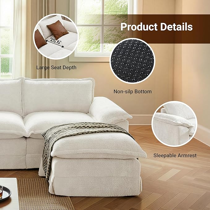 Claiks 123 Modular Boneless Couch U Shaped Couch for Living Room Modern Deep Seat Sofa 3 Seater Chenille Fabric Comfy Cloud Couches with Movable Ottoman Beige