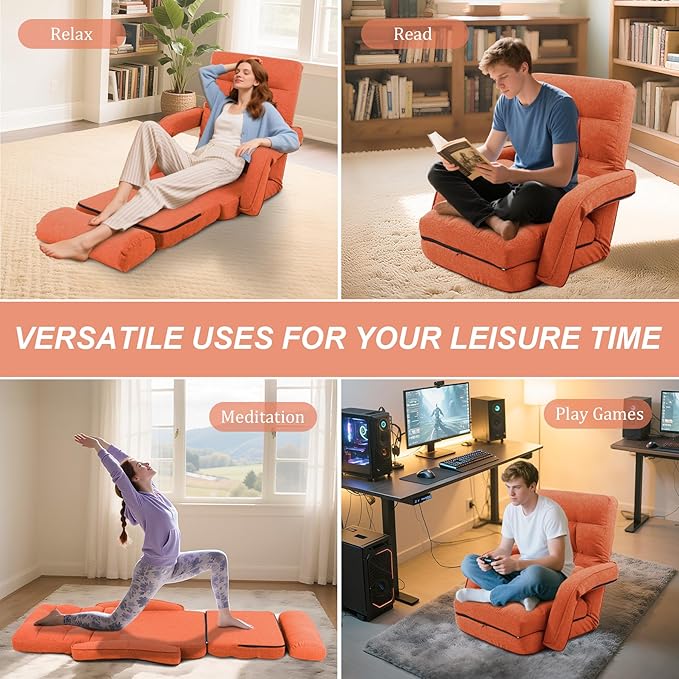 Adjustable Floor Chair for Adults with Back Suppor5-Position Folding Lazy Sofa with Pillow Gaming &amp Meditation Chair with Breathable Fabric - for Living Room Bedroom OfficeBalcony (Orange)