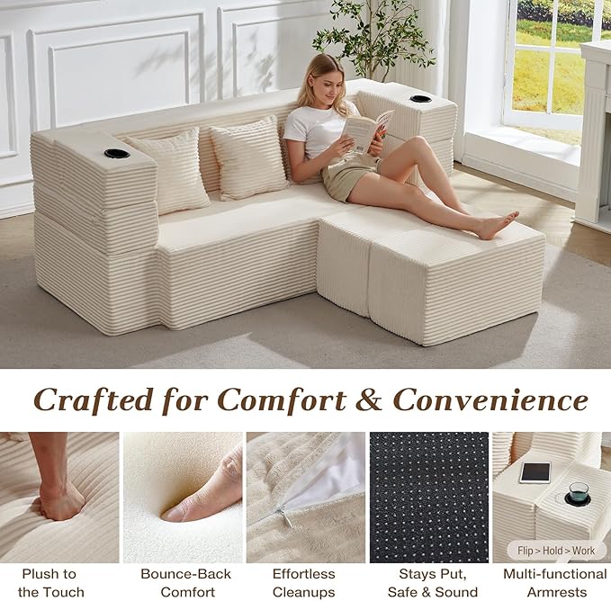 78.7 Inch Convertible Sofa Bed with 2 Ottomans 3-in-1 Folding Sleeper Couch &amp Flip-Up Armrest No Assembly Memory Foam Futon Bed for Small Space Floor Couch Lounge for Living Room ApartmentBeig