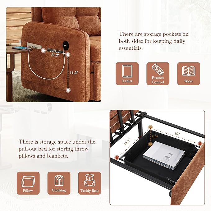 3-in-1 Convertible Sleeper Chair Bed Multi-Functional Chenille Single Sofa Bed with Storage Pockets and Box 80 Extra Long Pull Out Sleeping Lounge Chair for Living Room &amp Apartment (Orange35)