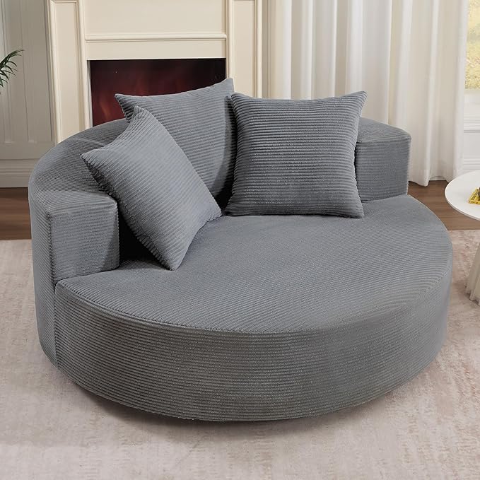 CANMOV Oversized Round Swivel Chaise Longue Chair Indoor Upholstered Corduroy Deep Seat Cloud Large Circle Sofa Chair Modern Single Cloud Sofa Bed for Living Room Bedroom Apartment Office Dark Gary