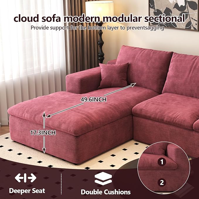 107'' L-Shaped Modern Modular Sectional Cloud Couch 4-Seat Chenille Deep-Seat Sofa with Pillow for Living Room Bedroom Apartment Wine Red