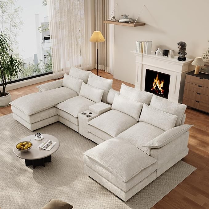 OUYESSIR 135 U Shaped Sectional Cloud CouchBeige Sectional Couches for Living RoomComfy Fluffy Chenille Oversized Cloud CouchModular Sectional Sofa with Central Console &amp Double Chaise Lounge