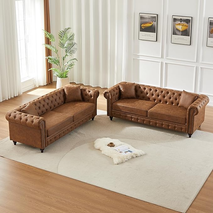 2 Piece Mid Century Modern Couch Set Retro Button Tufted Chesterfield Sofa muebles para la sala Comfy Deep Seat Upholstered Office Furniture Living Room Sofas Set (Retro Brown Couch and Loveseat)