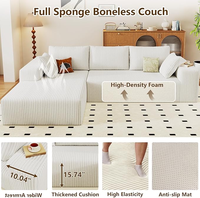 96 Modular Sectional Couch Boneless L Shaped Cloud Sofa with Chaise Lounge Corduroy Upholstered Couches Memory Foam Deep Seat No Assembly Required Ideal for Living Room(White Left Facing)