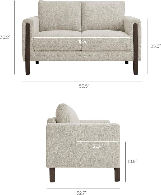 Modway Hawken 54 Inch Boucle Loveseat in Parchment Espresso with Wood Legs – Mid-Century Modern Small Space 2-Seater Sofa for Living Room Bedroom or Office Lounge