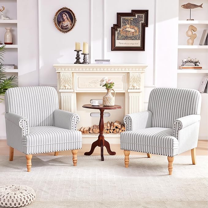 HUIMO Linen Fabric Accent Chairs Set of 2 Mid-Century Modern Armchair with Solid Wood Legs Single Sofa ChairUpholstered Reading Club Chair (2 Light Grey and White Stripe)