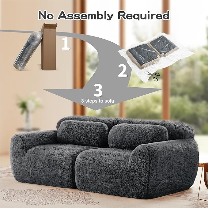 80.4-Inch Boneless Love Seat Couches in a Box Modern 2 Seat Floor Modular Foam Cloud Sofa Faux Fur Loveseat Couch W/Angle Armrests for Home Apartments Bedroom