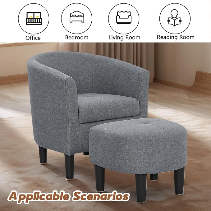 Anwick Accent Chair Barrel Chair with Ottoman Footstool Modern Upholstered Soft Comfy Club Accent Armchair Set for Living Room/Bedroom/Reading Room/Guestroom/Corner (Gray)