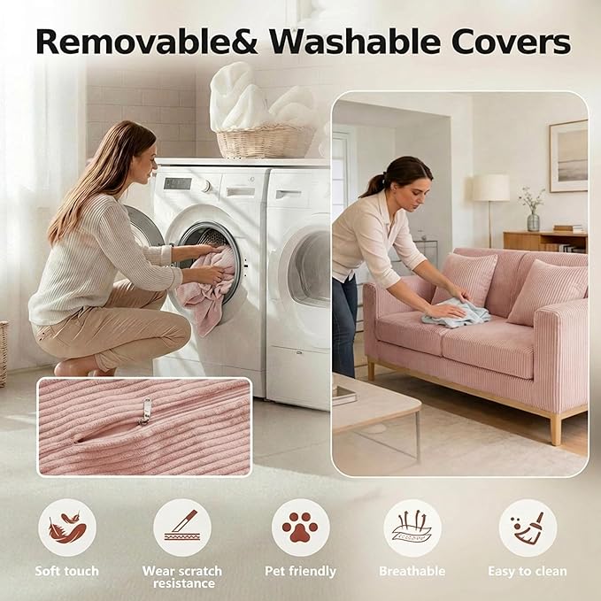 78.8’’ Boneless Sleeper Sofa BedConvertible Futon Couch with Storage Pocket and 2 PillowsModular Corduroy Sofa for livingroomSmall speacePink
