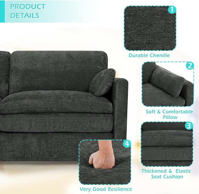 3 Pieces Chenille Sofa Set w/Arm Pillows Upholstered 2 Pieces Loveseat &amp 3 Seater Sofa w/Comfortable Back Cushions Modern 2-Seat &amp 3-Seat w/High-Density Foam for Living Room Grey