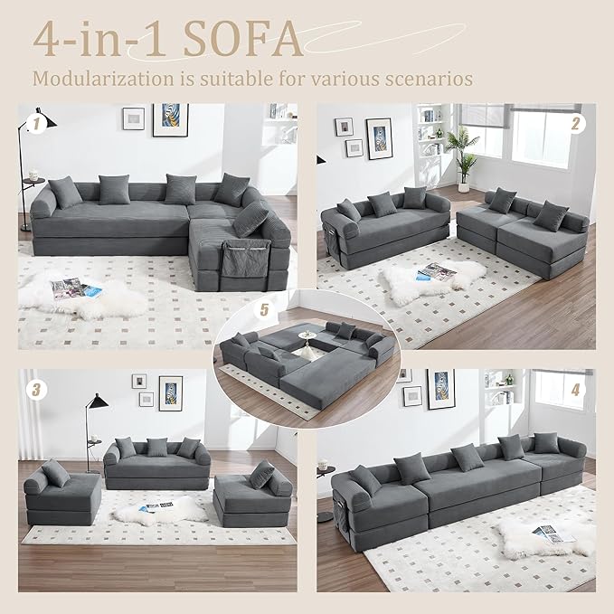 106 Oversized Convertible Sleeper Sofa Bed Corduroy L Shape Sectional Couch Folding Sofa Bed with Side Pocket Modern Cloud Floor Mattress Couch Modular Sofa for Living Room Gray