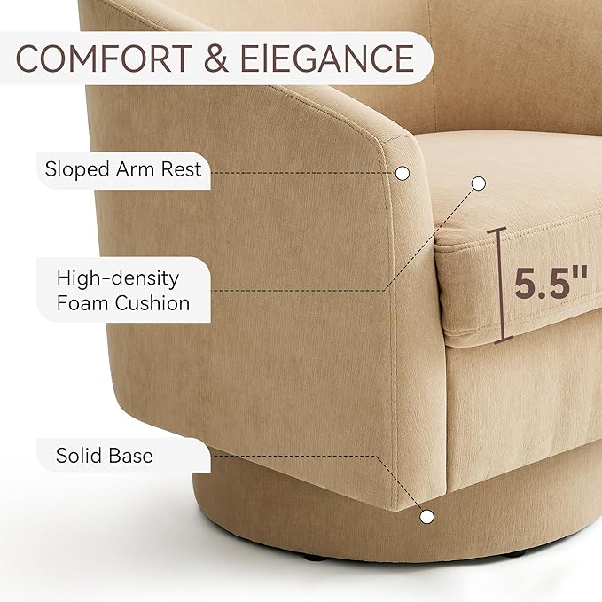 Swivel Barrel Accent Chair Round Chenille Fabric Living Room Arm Chairs Modern Upholstered Comfty Reading Nook Chairs for Bedroom Small Club Armchair Single Sofa Side Chair Coffee