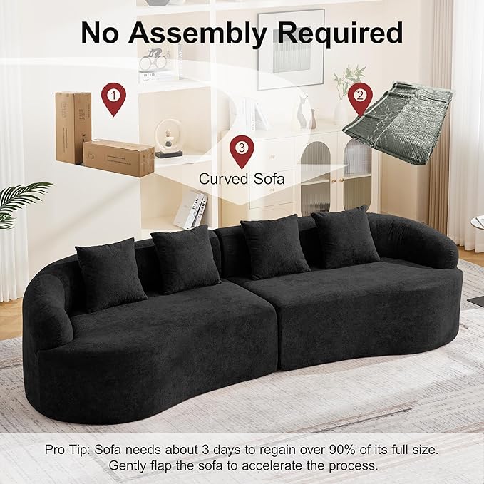 110.2 Curved Boneless Couch Oversized Cloud Sofa with 4 Pillows Modern 4 Seater Modular Sectional Sofa Boneless Sectional Couches for Living Room Curved Foam Couch Black