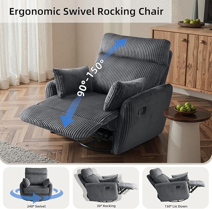 Swivel Recliner Chair for Adults Corduroy Nursery Glider Rocking Chair Armchair with 2 Pillows Comfy High Back Reclining for Small Spaces Nursery Bedroom Living Room (Corduroy Gray 1 Pack)