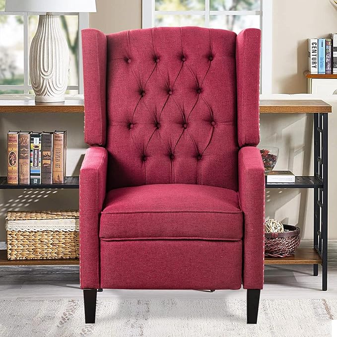 Wine Red Mid Century Modern Recliner Wingback Accent Chair with Push Back Mechanism Button Tufted Fabric Sofa &amp Nailhead Trim - Comfy Living Room Seating for Home Theater Office