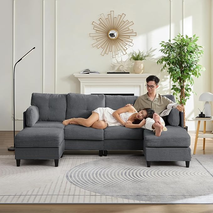 PUREMIND 89 U Shaped Sectional Couches Corduroy Sectional Sofa with Reversible Storage Ottoman 4 Seater Sofa with Throw Pillows Upholstered L-Shaped Couch for Living Room Dark Grey