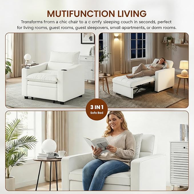 Casaphoria Convertible Sleeper Chair 66.54 Futon Sofa Bed Single Sleeper Sofa Small Couch Bed with Adjustable Backrest for College Dorm Bedroom Studio Apartment