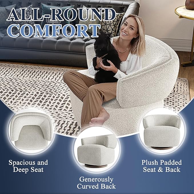 RoyalCraft Swivel Accent Chair Fully Assembled Round Barrel Chairs Oversized Upholstered Armchair with 360-Degree Base Modern Club Chair for Living Room Bedroom Office Griege
