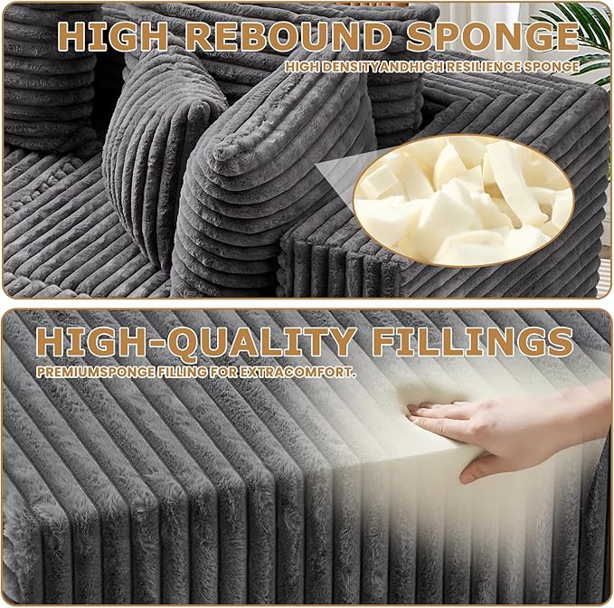 104 Grey Boneless Couches for Living Room Modular Sectional Sofa with Deep Seat Comfy Plush Cloud Couch with U-Shaped Chaise Corduroy Compressed Foam Sofa for Bedroom Living Room