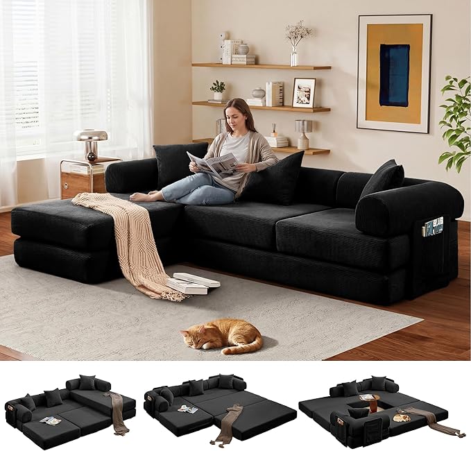 Modular L Shaped Sofa Bed with Cylindrical Pillow &amp Reversible Chaise Corduroy Convertible Floor Boneless Sofa Couch Bed with Fixed-Shape Frame &amp Storage Pocket for Living Room Black