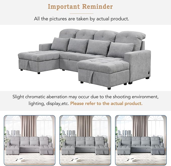 Harper &amp Bright Designs 110.2 Oversized U-Shaped Sofa Versatile Sectional Sofa Pull-Out Sofa Bed with Double Storage Chaise Lounges and Two USB Ports for Living RoomGray