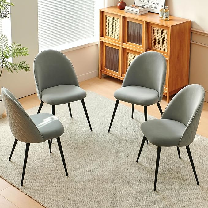Dining Chair Set of 4Modern Gray Reception Guest Chairs Upholsered for Kitchen Apartment Elegant Velvet Living Bedroom Side Chairs with Curved Backrest Metal Legs
