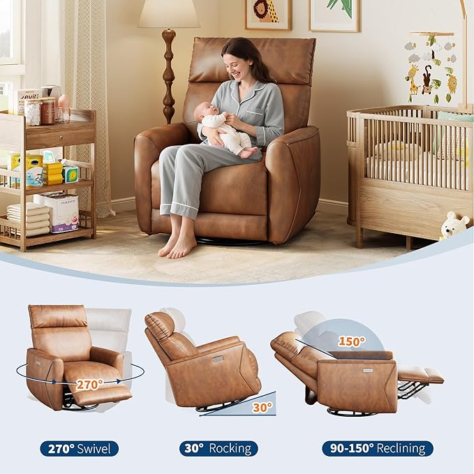 Power Recliner Chair 270° Swivel Glider with USB Charging Port Large PU Leather Seat Wide 22.4 Ergonomic High Back for Living Room Nursery (Power Walnut)