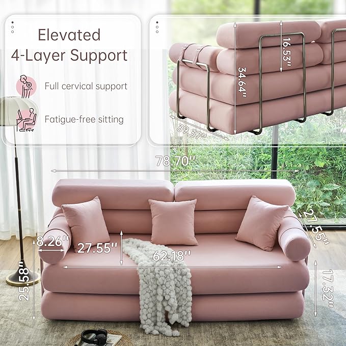 YINIX Convertible Sleeper Sofa - 35'' High-Back Floor Couch Bed - Folding Sofa Bed with Rounded Arm Supports - Floor Sofa Lounge Sofa Bed for Living Room - Pink