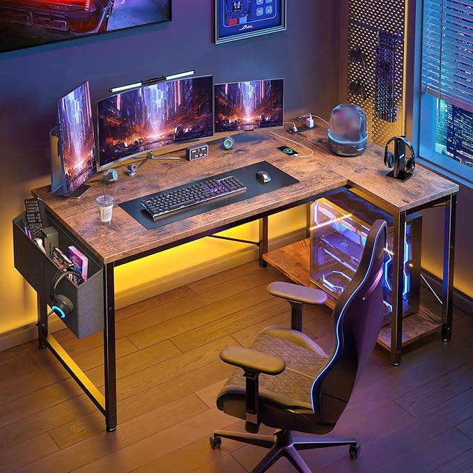 EnHomee Small Computer Gaming Desk with Storage Shelves &amp Side Bag 40 Inch L Shaped Desk with Power Outlets Corner Desk Study Writing Table for Home Office Bedroom Living Room Brown