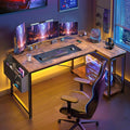 EnHomee Small Computer Gaming Desk with Storage Shelves &amp Side Bag 40 Inch L Shaped Desk with Power Outlets Corner Desk Study Writing Table for Home Office Bedroom Living Room Brown