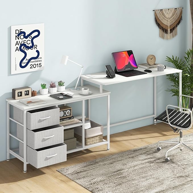 Tangkula 81 Inch L-Shaped Desk with Power Outlet Convertible Corner Desk with Drawers &amp Shelves Office Desk for Working Studying Gaming (White)