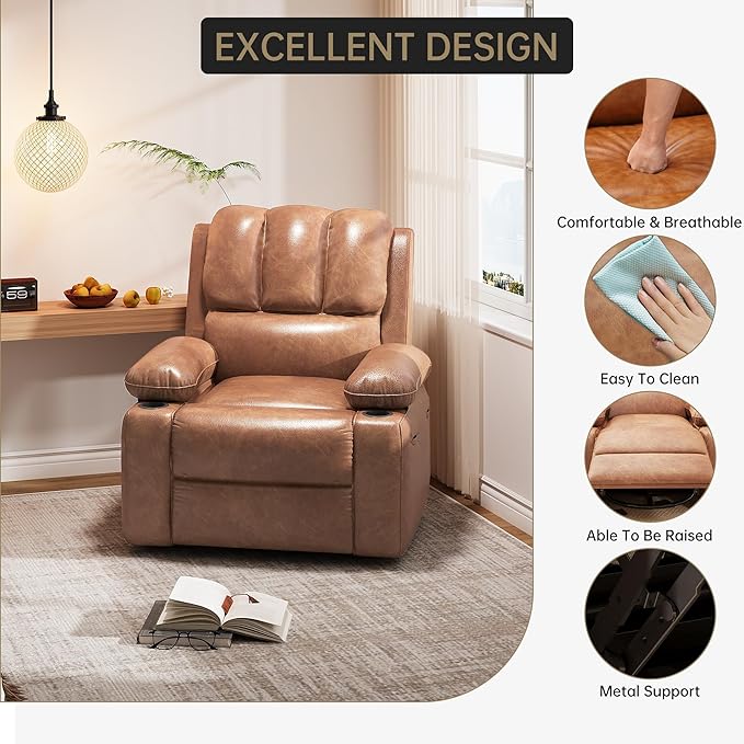 22 Wide Electric Recliner Chair for Adults Swivel Rocking Recliner with Massage &amp Heat PU Leather Lounge Chair with Remote and Cup Holders for Living Room Nursery Two-Tone Vintage
