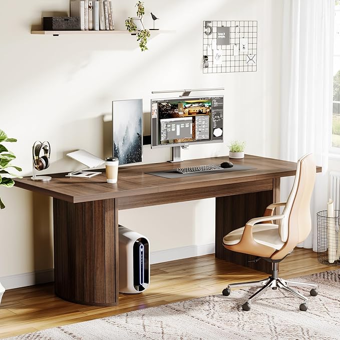 Tribesigns 78.74 Executive Desk Large Farmhouse Computer Office Desk with Double Pedestal Wooden Study Writing Table Workstation Conference Table for Home Office Walnut (Brown)