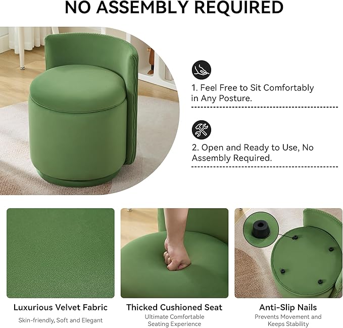 Velvet Vanity Chair with Storage 360° Swivel Makeup Chair with Wave Back No Assembly Small Accent Stool for Bedroom Dressing Living Room Green