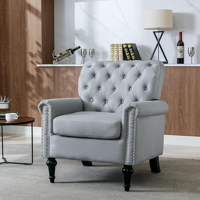Upholstered Accent ChairsMid Century Armchair Sofa ChairsComfy Living Room ChairButton Tufted Reading Chair for Living Room BedroomStudy (2 Grey)