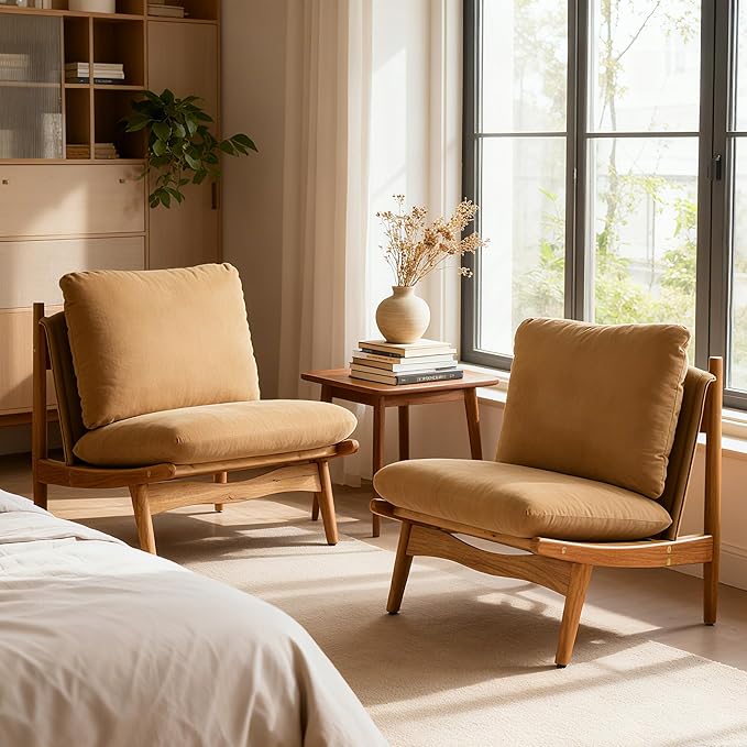 Christopher Knight Home Vista Low Profile Accent Chair Set of 2 with Removable Cushion Solid Wood Armless Lounge Chair Fabric Comfy Reading Chair for Bedroom Mocha+Natural