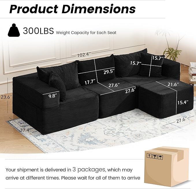 HOMREST 102 Cloud Couch Sectional L Shaped Modern Sofa with Ottoman Comfy Corduroy Fabric Modular Sectional Sofa in a Box Boneless Couches for Living Room No Assembly Required (Black)