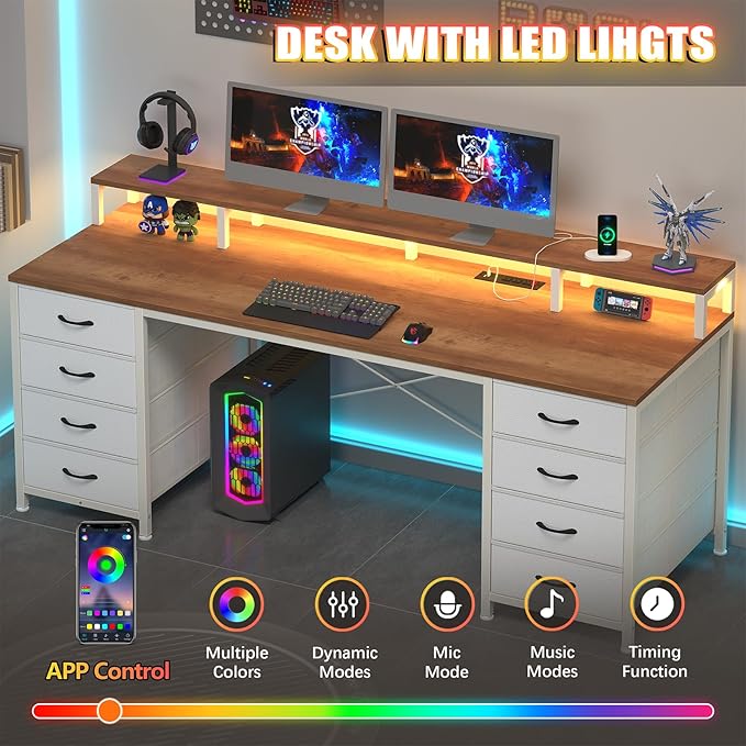60 Inch Computer Desk with 8 Fabric Drawers Gaming Desk with LED Lights &amp Power Outlets Home Office Desk with Monitor Stand Brown and White