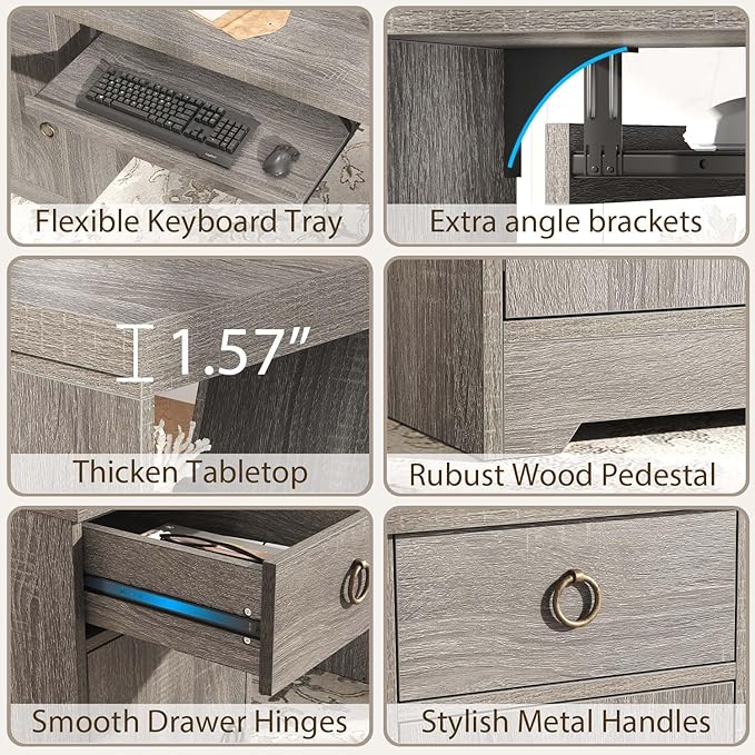 HSH 55 Office Computer Desk with Drawers Farmhouse Grey Executive Desk with Storage Shelves and Cabinet Modern Wooden Computer Table Teacher Desks with Keyboard Tray for Home Writing Work Study