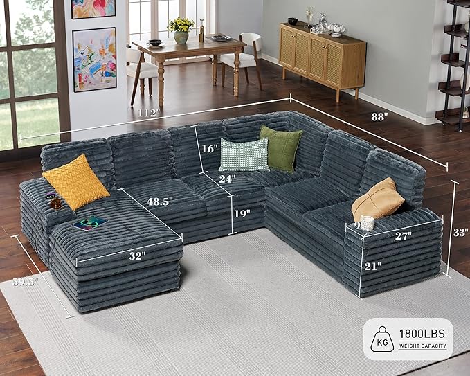 PaPaJet U Shaped Couch 112 Inch Oversized Couch with Storage Sectional Sofa with Cup Holders &amp 2 USB Ports Faux Fur Dark Grey Sofa