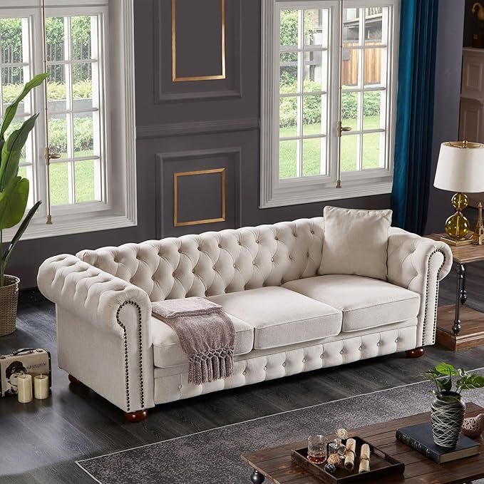 KEVINSPACE 88.5 Modern Sofa Couch for Living Room 3 Seater SectionalSofa Couch Comfy Linen FabricSofa Button Tufted Cushions Rolled Arms Wood Legs Chesterfield Sofa for Small Spaces Beige
